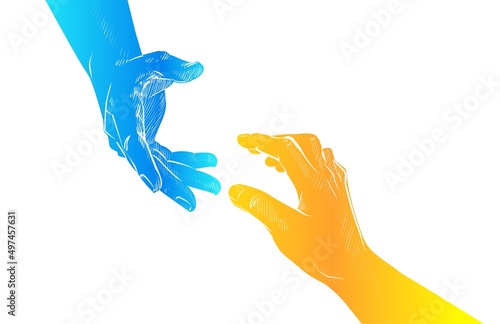 Vector hand concept. Gesture, sign of help and hope logo. Two hands taking each other, blue yellow flag colors. Support ukrainian refugees. Helping Ukraine.