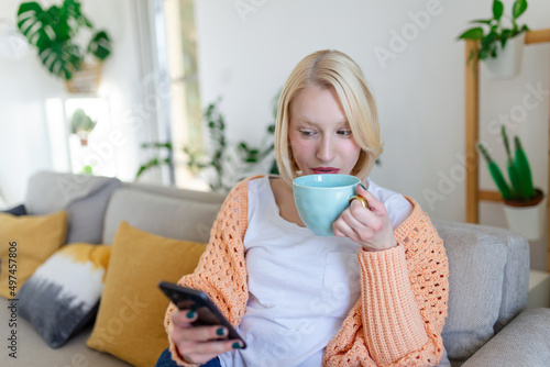 Attractive smiling woman using smart phone while sitting on the sofa at home. Communication and coziness concept.