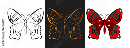 Butterfly animal outline logo design element. Black and gold outline contour, line art style isolated icon set. Beautiful tattoo template. Cartoon insect drawing.