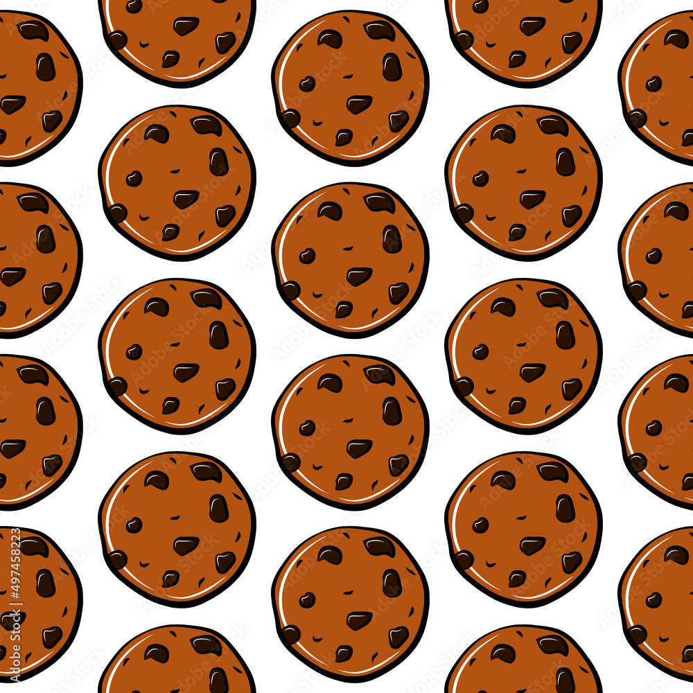 Fototapeta premium Cartoon cookies isolated seamless pattern. Sweet food outline colorful doodle drawing wallpaper. Graphic fabric print template. Cafe or patisserie menu backdrop. Brown wrapping paper.