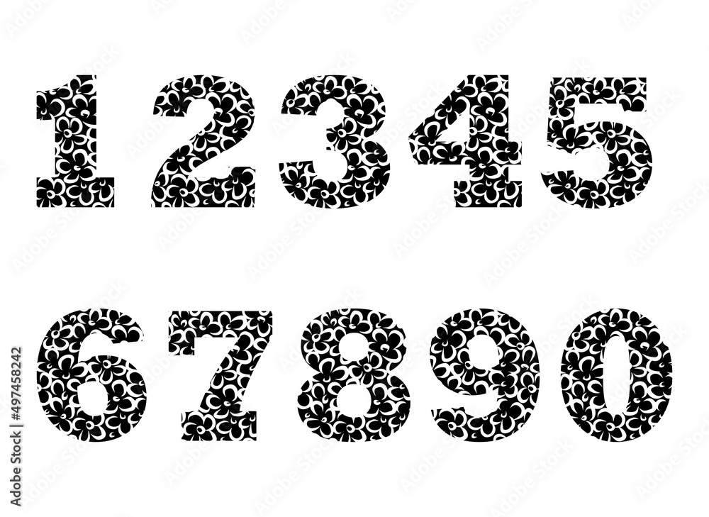 Number set isolated vector icon. Mathematics graphic symbol shape, floral pattern print. Doodle sketch drawing.