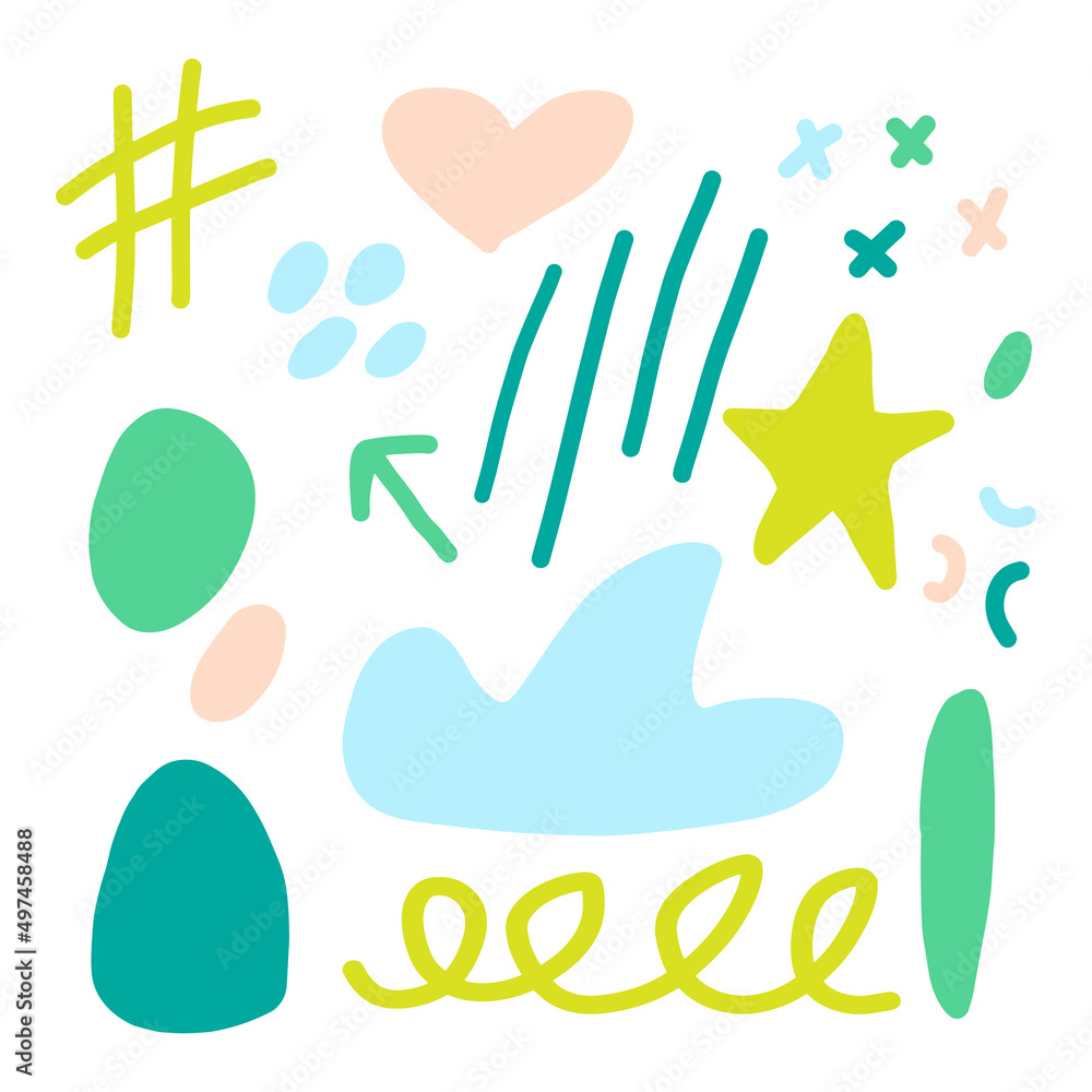 Hand drawn various isolated colorful green shapes set, simple doodle objects. Trendy abstract vector illustration. 