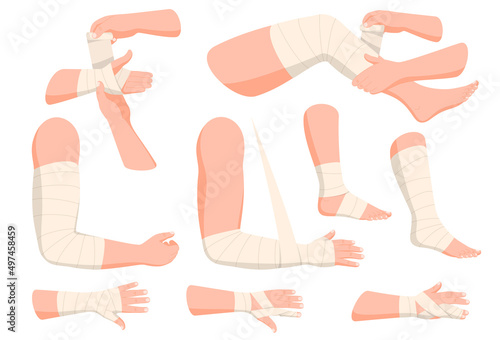 Bandaged arms and legs. Set of medical bandages elastic bandages. Elements of health care health care first aid. Vector illustration on a white background.