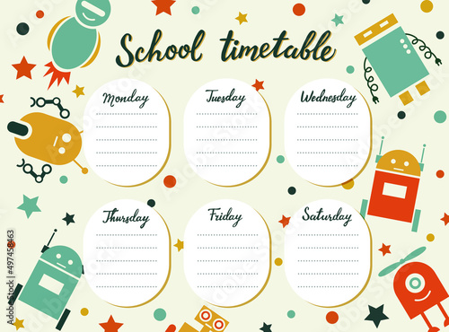 Weekly planner with funny robots and stars in doodle cartoon style. Kids schedule design template. Vector illustration.