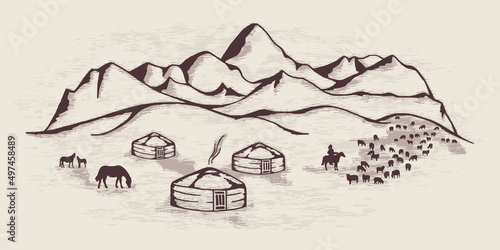 Sketch on the topic of life in Central Asia, vector illustration