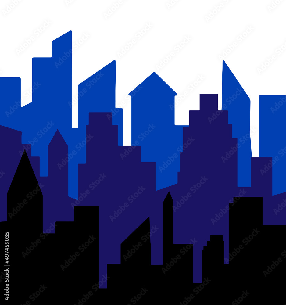 City panorama view flat graphic vector illustration. Simple isolated blue shadow shape abstract print. Urban building silhouette.