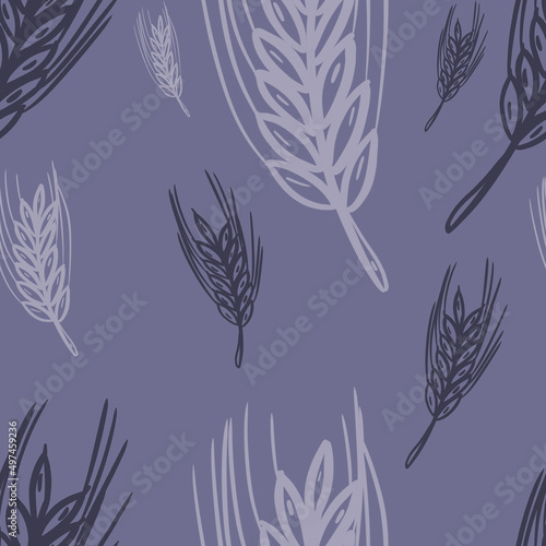 seamless pattern with wheat plants on brown background toned blue Traditional print, bakery design, packaging wallpaper	