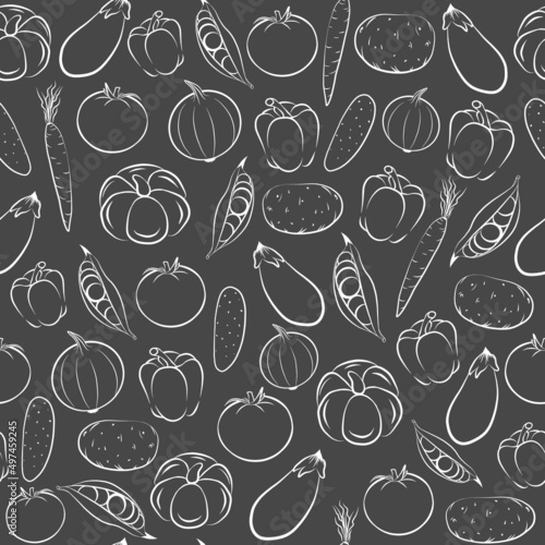 Seamless pattern with farm fresh vegetables food. Isolated vector graphic illustration. Cooking background in doodle outline drawing style. Chalkboard template.