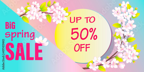 Fashionable colorful banner, modern, invitation to a seasonal spring sale. Advertising, background. Vector design of a poster with a discount. Spring flower. Special offer, promotion.Web