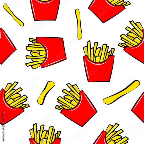 French fries fast food vector seamless pattern template. Unhealthy junk food wallpaper. Cartoon colorful flat illustration isolated on white background.