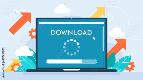 Software download or operating system. Updating progress bar. Installing app patch. Download to keep the device up to date with added functionality in the new version. Flat design. Vector illustration
