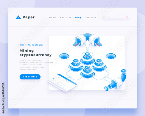 Mining cryptocurrency concept landing page header template.