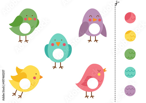 Cut and glue game for kids. Cute colorful birds.