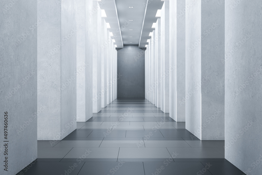 Obraz premium Bright concrete corridor interior with pillars and daylight. 3D Rendering.