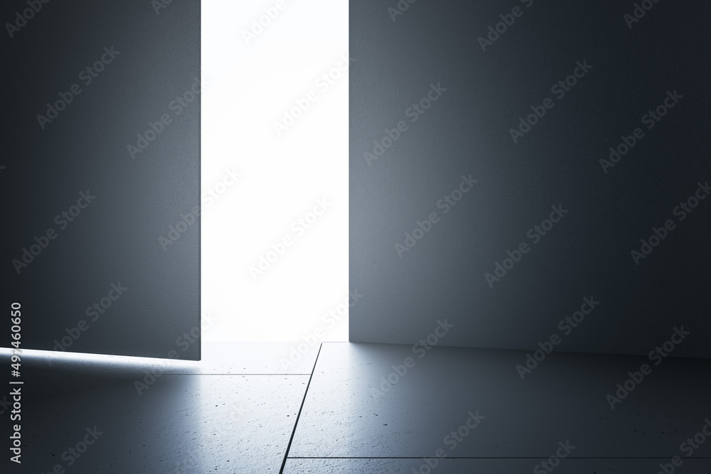 Creative concrete interior with bright light door and mock up place. Success concept. 3D Rendering. Creative concrete interior with bright light door and mock up place. Success concept. 3D Rendering.