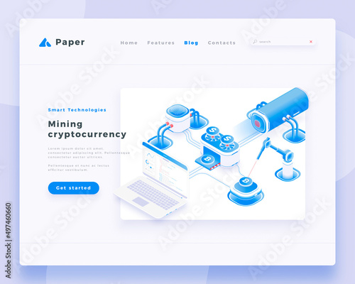 Mining cryptocurrency concept landing page header template.