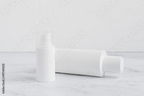 White cosmetic lotion cream serum oil mockup bottle packaging, beauty spa medical skin care, shot on white and marble background, collagen healthcare medicine concept