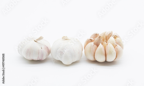Whole garlic and cloves isolated on white background. Full depth of field.