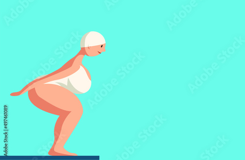 girl swimmer jumps from a springboard into the water. Summer entertainment. Sports in the pool. Flat style illustration isolated on blue background