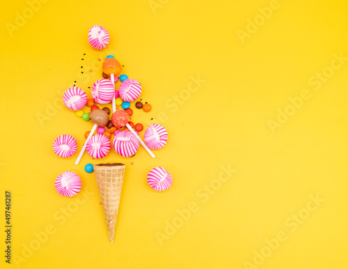 different kinds of Colorful candies isolated on background, to view, selective focus