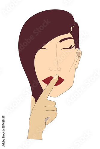 Beautiful woman saying hush be quiet with finger on lips. Female silent gesture.vector illustration hand drawn.