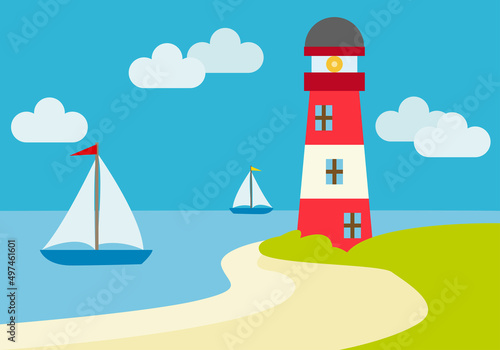 Paisaje marítimo con faro, mar y veleros. 