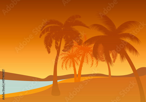 Paisaje de playa y palmeras en verano. 