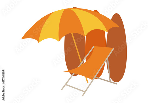 Icono de sombrilla con hamaca y tablas de surf. 