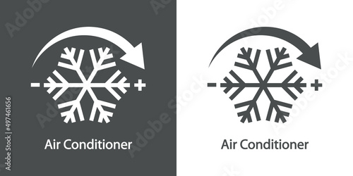Reparación y servicio de aire acondicionado. Control de temperatura. Logo con texto Air Conditioner con flecha con copo de nieve en fondo gris y fondo blanco photo