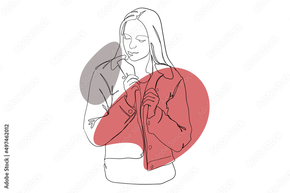 Stylish young girl continuous line drawing concept. Woman with long hair wears fashionable jacket and holds collar. Student in casual clothes. Vector illustration in outline hand drawn design for web Stylish young girl continuous line drawing concept. Woman with long hair wears fashionable jacket and holds collar. Student in casual clothes. Vector illustration in outline hand drawn design for web