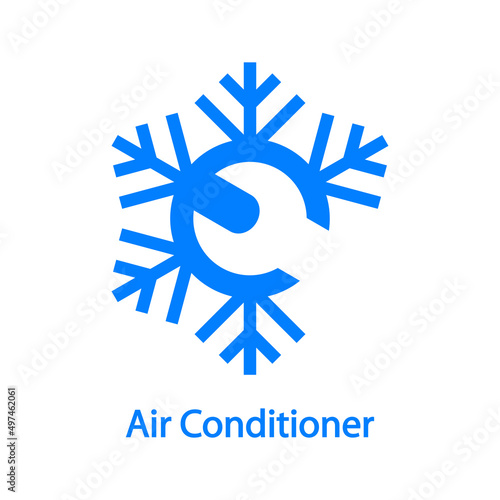 Reparación y servicio de aire acondicionado. Logo con texto Air Conditioner con llave en espacio negativo en copo de nieve en color azul	
