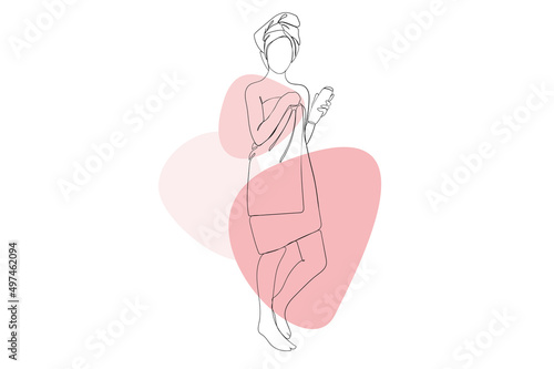 Young girl in spa salon continuous line drawing concept. Woman in towel standing and holding cosmetic product, making skin care treatments. Vector illustration in outline hand drawn design for web