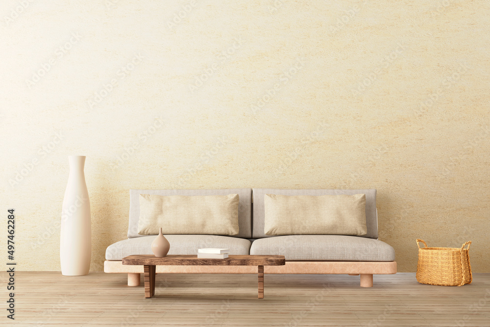 Warm neutral style interior mockup with low sofa, ceramic jug, side table on empty concrete wall background. 3d rendering. Warm neutral style interior mockup with low sofa, ceramic jug, side table on empty concrete wall background. 3d rendering.