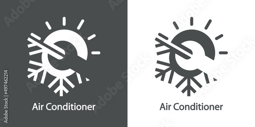 Reparación y servicio de aire acondicionado. Logo con texto Air Conditioner con llave en espacio negativo en copo de nieve y sol en fondo gris y fondo blanco