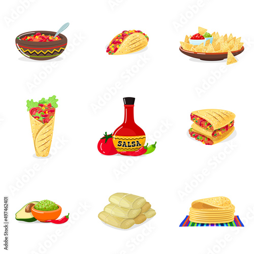 Set of Mexican food icons. Cartoon illustrations of traditional Mexican food such as burrito, quesadillas, nachos, tamales etc. isolated on a white background. Vector 10 EPS.