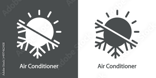 Reparación y servicio de aire acondicionado. Logo con texto Air Conditioner con copo de nieve y sol en fondo gris y fondo blanco