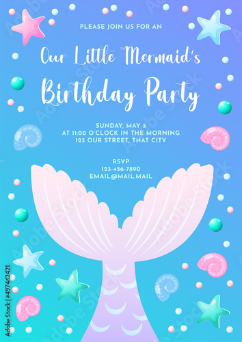Mermaid party invitation template. Cute illustration of mermaid tail, sea shells and star fish. Birthday concept. Vector 10 EPS.
