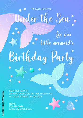 Mermaid party invitation template. Cute illustration of mermaid tail, sea shells and star fish. Birthday concept. Vector 10 EPS.
