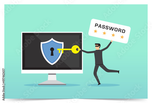 Computer hacker stealing money online, crime with burglar cracking internet, thief grabing wallet, computer hacker