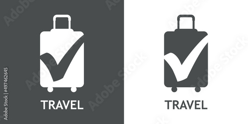 Logo suitcase. Compra online. Banner con texto Travel y silueta de maleta con ruedas como casilla de verificación con cheque en fondo gris y fondo blanco