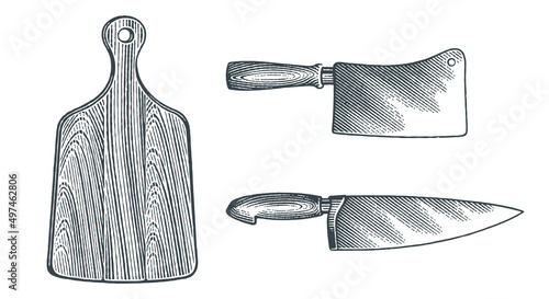Chef's knife, butcher's knife and wooden cutting board. Baking equipment. Hand drawn engraving style vector illustration.