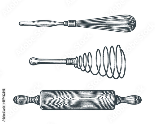 Whisks and wooden rolling pin. Baking equipment.  Сookbook decor. Hand drawn engraving style vector illustration.
