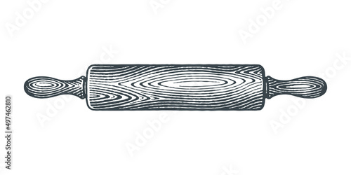 Wooden rolling pin. Baking equipment. Hand drawn engraving style vector illustration.