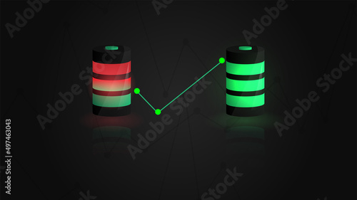 3d model of a battery. Visualization of a discharged battery. Visualization of a charged battery.