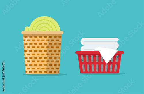 Laundry wicker basket linen dirty and clean cotton towels vector or plastic red bassinet isolated with white clothes textile pile closeup graphic flat illustration, concept of cleaning wash chores