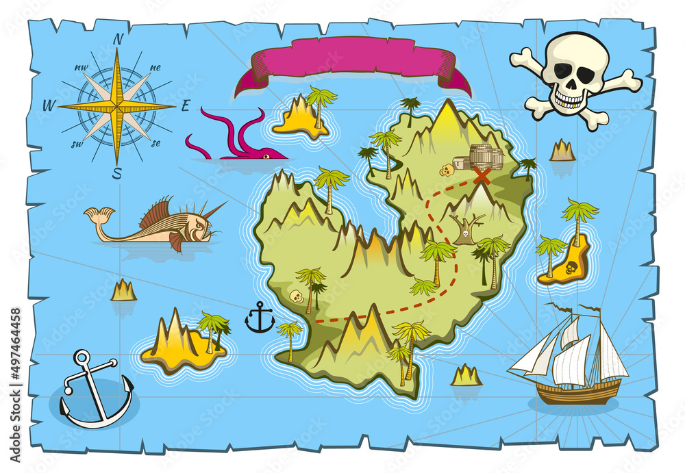 Pirate map template. Treasure island in blue sea Stock Vector | Adobe Stock