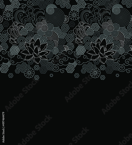 Lotus. Floral Black and White Geometric Seamless Pattern.	