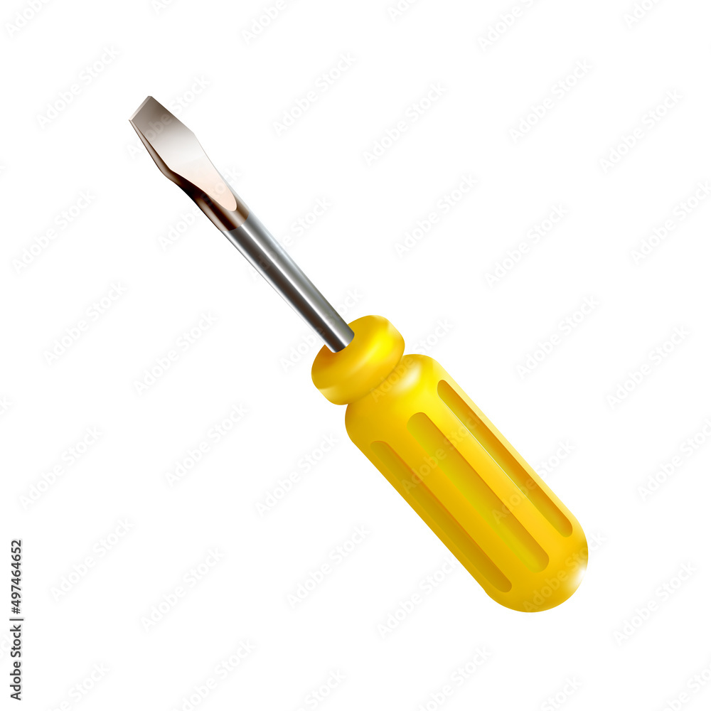 Yellow slotted Screwdriver, isolated. Professional realistic 3d construction tool with a plastic handle. Vector Yellow slotted Screwdriver, isolated. Professional realistic 3d construction tool with a plastic handle. Vector