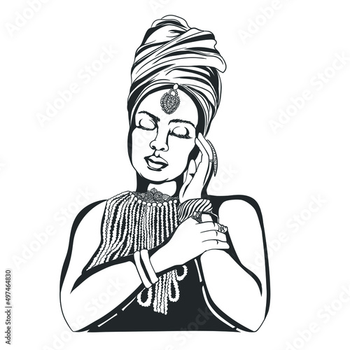 Hand-drawn glamourous beautiful woman wearing traditional cloth with ornament, raising hand pose vector portrait illustration