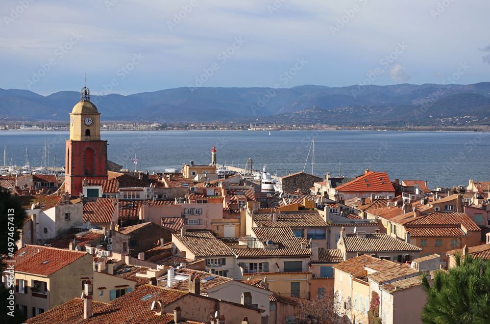 View of the bay and rooftops of Saint-Tropez, in the south of France